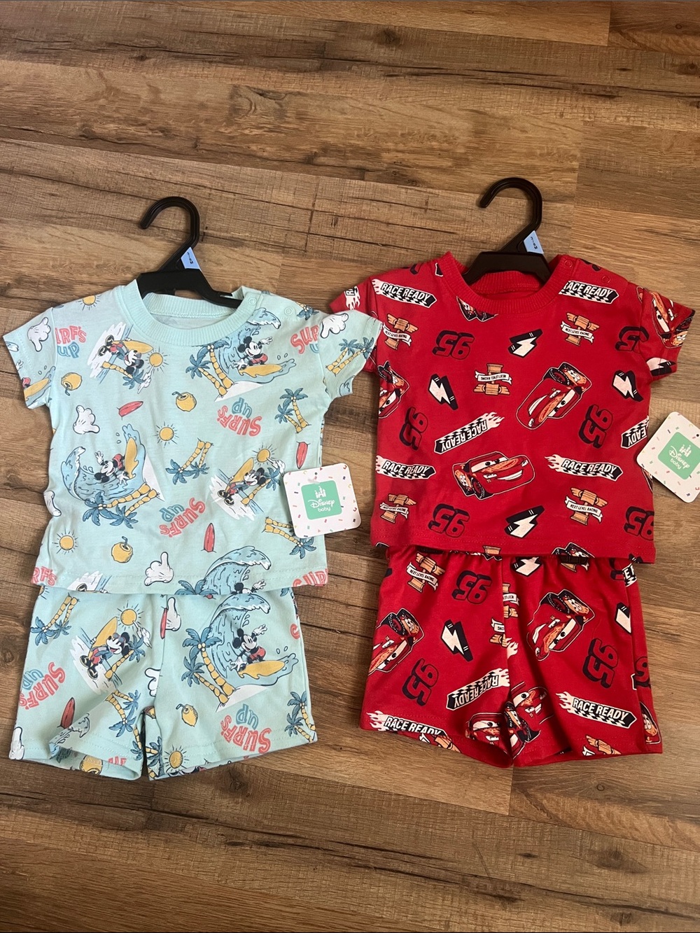 New Disney Kids' Light Blue Mickey Surf & Red Cars McQueen Short Sets 3-6m